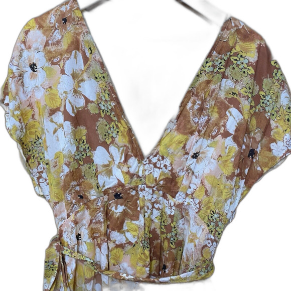 Free People Freddy Mini Dress Floral Print V-Neck Tie Cocoa Tan Women's Size M - Picture 2 of 10